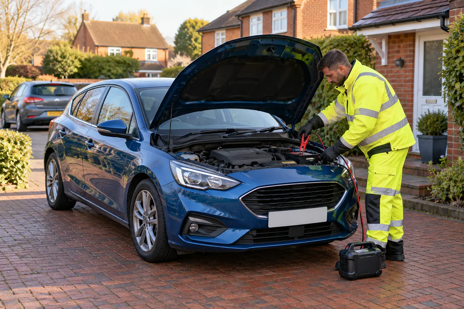 Recovery technician jump starting a car with a flat battery on a home driveway